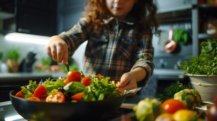 Young girl preparing a fresh salad with colorful vegetables in a modern kitchen.