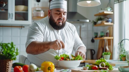 A focused overweight male chef in traditional white attire seasoning a salad in a sunny kitchen.