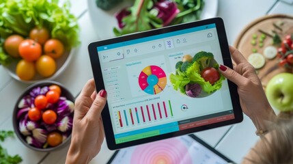 Exploring diet statistics on a tablet amidst a variety of fresh vegetables, tech meets nutrition