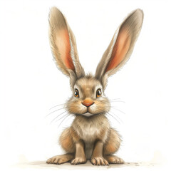 Drawing of a Long-Eared Rabbit on a White Background, Featuring Detailed Line Art that Captures the Delicate Features and Expressive Eyes of the Animal. Ideal for Children's Book Illustrations 