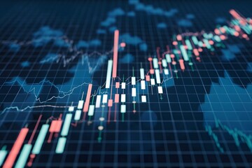 Dynamic, colorful digital bar chart on grid like background, resembling stock exchange floor, representing financial data