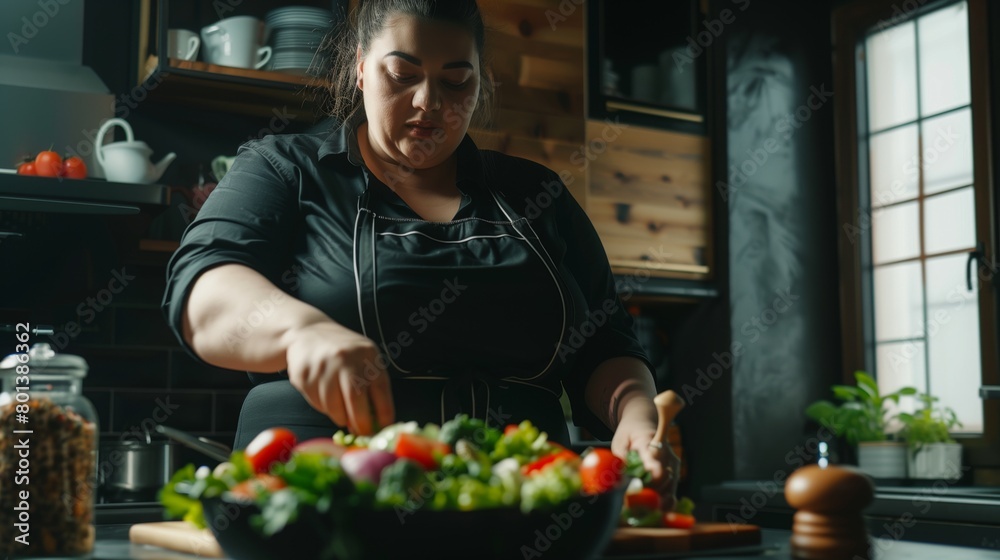 Poster A focused plus-sized woman in an apron prepares a fresh salad in a dark, stylish kitchen.