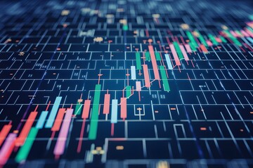 Obraz premium Dynamic, colorful digital bar chart on grid like background, resembling stock exchange floor, representing financial data