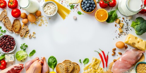 An image of food and different types of foods arranged in the shape of a half circle on a white background