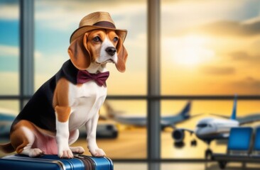 Beagle dog in a Panama hat with a bow tie around his neck at the airport, in the background there is a runway and airplanes