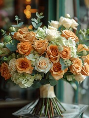 Close up of bridal bouquet  flower bouquets at the florist shop flowers in white orose tones