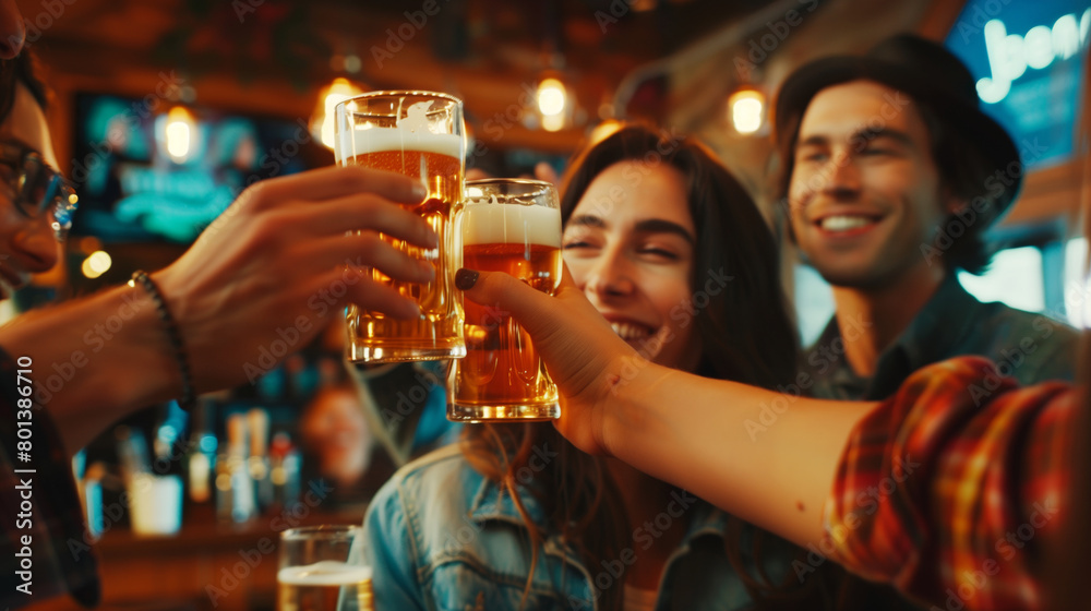 Wall mural Group of young adults toasting with beer glasses in a vibrant bar setting, sharing a cheerful moment.