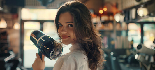 A beautiful woman holding a hair dryer, looking at the camera with a happy smile, in her hand in a professional beauty salon background