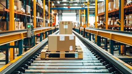 seamless integration of technology and logistics with a photo of parcels being sorted by automated systems on conveyor belts in a modern warehouse.