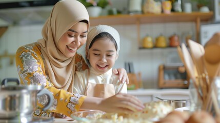 A joyful Muslim mother and daughter cooking together in a sunny kitchen.
