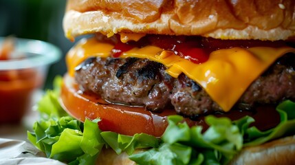 Close up of Delectable Cheeseburger Stacked with Flavorful Fixings and Juicy Patty
