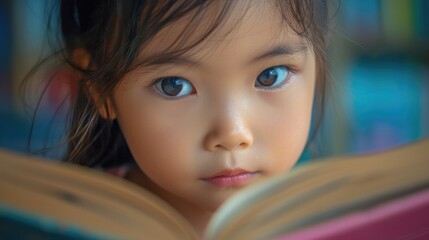 Close up of attractive child reading a book while looking at camera. Elementary student holding fairy tale novel book or bedtime stories with blurring background. Creative activity concept. AIG42. © InfiniteFlow