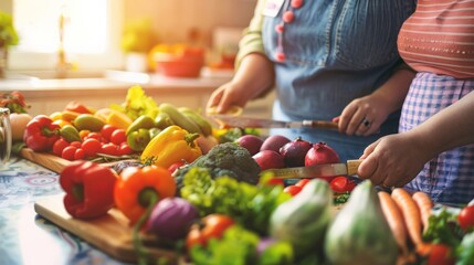 Woman and child engaged in healthy food preparation, promoting obesity prevention through balanced diet