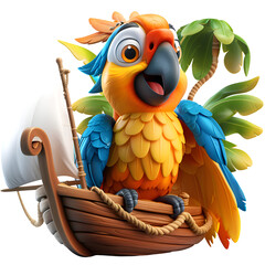 A 3D animated cartoon render of a helpful macaw flying to the rescue of a stranded sailor.