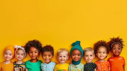 Diverse group of eight smiling young children standing in front of a yellow background