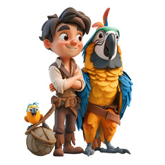 A 3D animated cartoon render of a brave macaw assisting a distressed sailor.