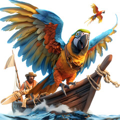 A 3D animated cartoon render of a colorful macaw flying towards a stranded sailor.