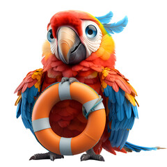 A 3D animated cartoon render of a smiling macaw holding a lifebuoy for a stranded sailor.