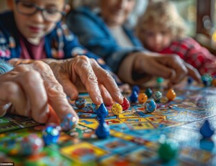 A family game night with kids and grandmothers playing marbles on the board, in a closeup of hands holding marble pieces. The background is filled with colorful illustrations depicting different games