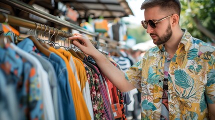 Stylish young man with sunglasses shopping in a colorful outdoor clothing market.