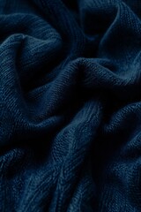 Deep blue fabric with intricate folds and textures, creating a flowing pattern. Close-up photography of fabric texture.
