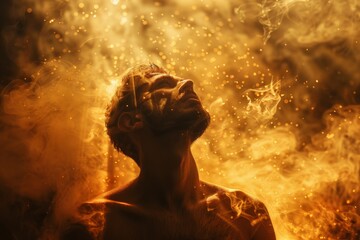 A man looking up at the sky, his face illuminated by rays of light that seem to dance around him in an ethereal display. The background is a blur of golden