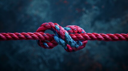 A red rope with two shiny blue and pink knots on the end, tied together in an intricate knot against a dark background. The ropes form heart shapes around each other as they reach towards one another.