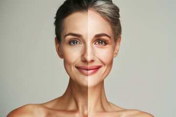 Worry lines and facial age contrasts in Babyboomer skin depict split care secrets and aging stages through hair color techniques.