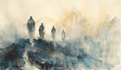 A watercolor painting of an ancient figure leading his disciples, seen from behind on the left side of the canvas, standing atop rolling hills with mist rising around them; minimalist background