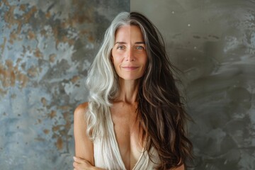 Fototapeta premium Split skin care and aging secrets for Babyboomers: managing worry lines with hair color variations and visual age comparisons.