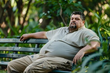 Obraz premium Overweight Man Enjoying a Tranquil Moment on Park Bench Amid Lush Greenery