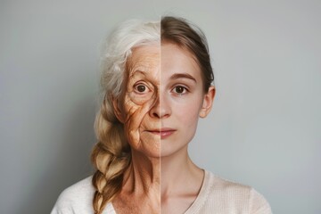 Fototapeta premium Babyboomer skin reveals aging secrets: facial age contrasts and worry line care with hair color techniques in split care regimens.