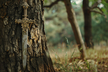 Weathered sword leaning against an ancient tree trunk, a testament to its enduring strength.