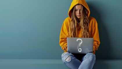 A woman in a yellow hoodie sitting with a laptop and a question mark on a blue background, stock photo for an online market website.