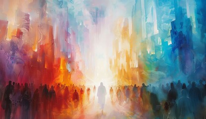 abstract art, Jesus walking with white robes in the center of an abstract cityscape with tall...