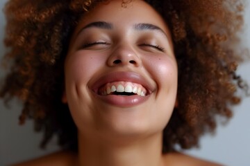Joyful and Radiant Woman Laughing Enthusiastically in Impressionistic Studio Portrait