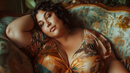 Graceful and Confident Plus Size Woman in Vibrant Indoor Setting Evocative of Renaissance Art