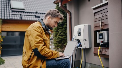 A man in a yellow jacket works on his laptop next to an electric car charging station.