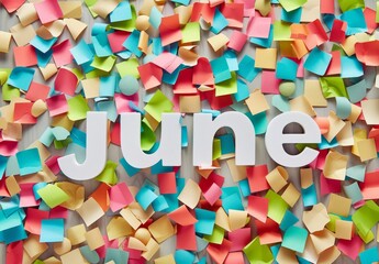 confetti text "June" written in white, colorful paper cut and pasted on the background Generative AI