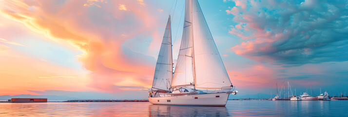Contemplating on a Luxury Sailboat Purchase Under the Vibrant Sunset Sky at Serene Seaside Marina