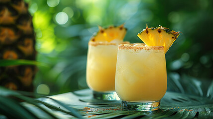 A sunny beach with two summer coconut milk cocktails adorned with slices of pineapple