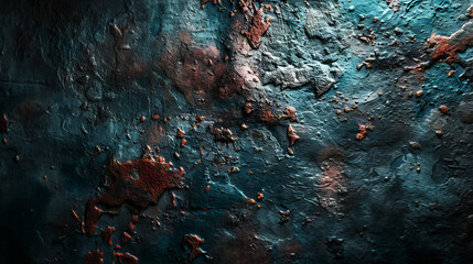 Rusty metal surface with patches of peeling paint in shades of blue and brown, background