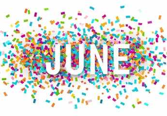 The word "JUNE" is written in white on the background of colorful confetti Generative AI