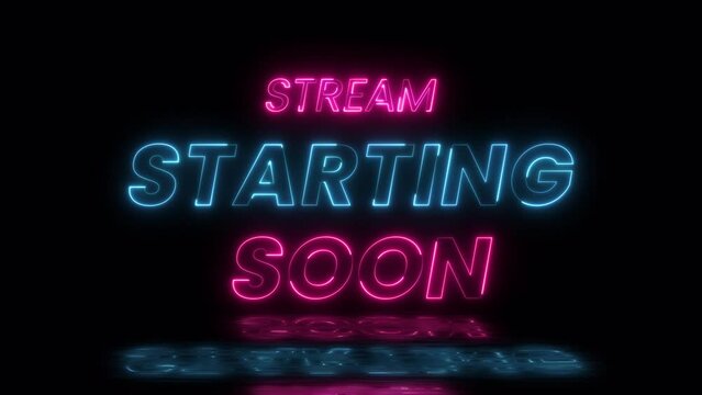 Stream starting soon neon text animation suitable for video live streaming. Animated neon starting soon text on a transparent background, advertising next business concept. Looped Glowing Light 4K.