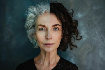 Babyboomer aging secrets revealed: split skin care with worry lines and hair color techniques contrast visual aging stages.
