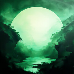Green natural smoky moon sunset fantasy artistic landscape 
