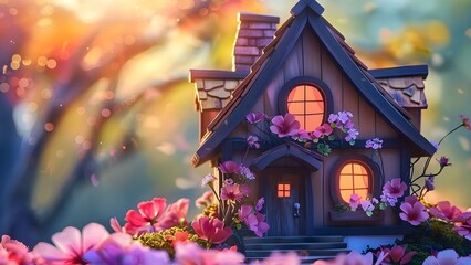 Symbolizing Sustainable Architecture and Green Living: Miniature Wooden House with Flowers. Concept Green Living, Sustainable Architecture, Miniature House, Flowers, Symbolism