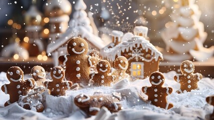 Gingerbread Cake Landing in Snowy Winter Village with Whimsical Gingerbread Figures and Powdered Sugar Swirls