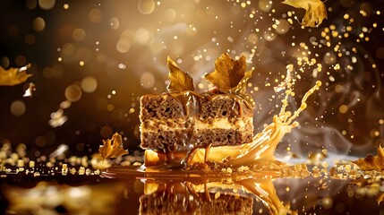 Luxurious Salted Caramel Cake Making a Decadent Splash in a Pool of Liquid Gold with Autumnal Leaves and a Sophisticated Atmosphere