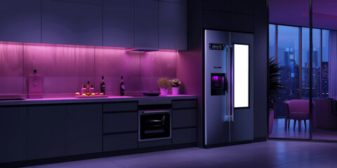 A smart refrigerator with a touch screen display and kitchen appliances connected to an intelligent system